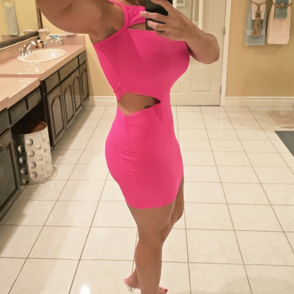 Pink One-Shoulder Cutout Neon Rocker Halloween Costume Starter Dress - Picture 9 of 14